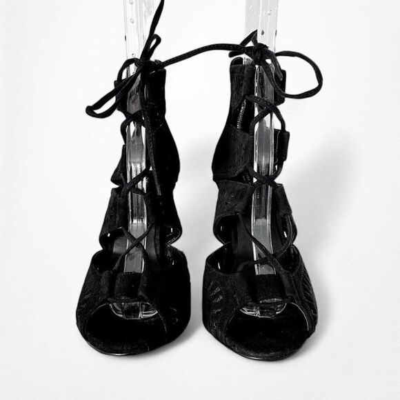 Zara Black Suede Leather Lace Up Peep Toe Ankle Bootie Stiletto Heels Size 6 - Picture 4 of 6